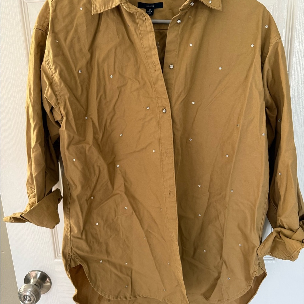 NWT J. Crew Tan Oversized Button-Up Shirt with Crystal studs | Size XS